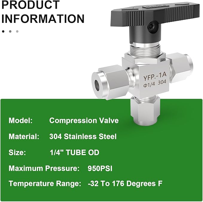 TAISHER 1PCS 304 Stainless Steel 3 Way Compression Tube Valve, 1/4" Tube OD x 1/4" Tube OD x 1/4" Tube OD Adapter