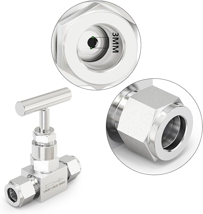 TAISHER 1PCS 304 Stainless Steel High Pressure Straight Needle Valve 1/8" Tube OD x 1/8" Tube OD For Flow Control Water Gas Oil