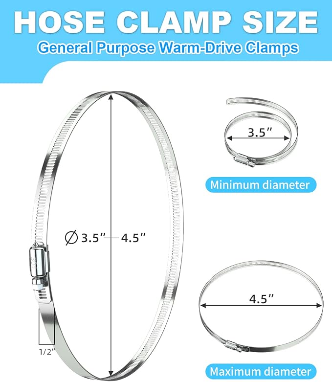 Hose Clamp Set - 10PCS 4 inch 304 Stainless Steel Worm Gear Hose Clamps for Fuel Line,dryer,Intercooler，Garden Water Pipe and Washing machine,Automotive Plumbing,3 3/4'' Hose Clamps