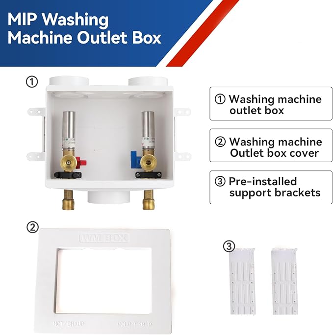 Washing Machine Outlet Box with Water Hammer Arrestor,1/2 Inch Sweat MIPInlet Connection,3/4 Inch MHT Outlet Male Thread Connection, PEX Box with Center Drain with 1/4-Turn Ball Valve