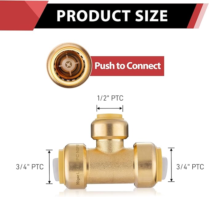 (Pack of 2) EFIELD 3/4"x 3/4" x1/2" Tee Push-Fit Fittings to Connect Pex, Copper, CPVC With 2 Sizes Disconnect Clip, cUPC Certified,(PF127-2PCS)