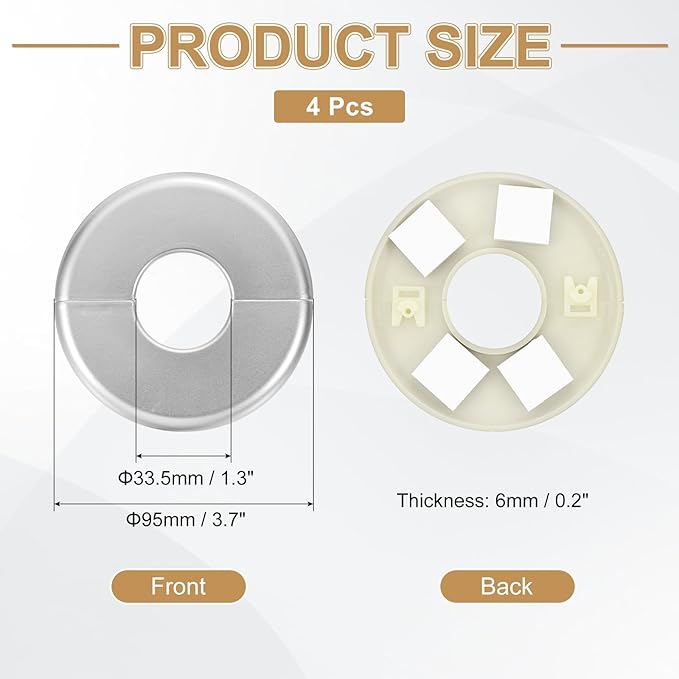 PATIKIL Wall Split Flange 95mm / 3.7" OD, 4 Pcs Round Escutcheon Plate Cover PPR Plumbing Cover Plates with Self-Adhesive Tape for 33.5mm / 1.3" Dia Water Pipe Faucet, Silver