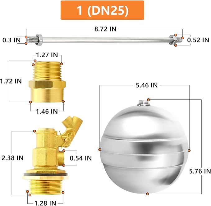 GASHER 1PCS 1" 304 Stainless Steel Float Ball Valve with 1"G Female x 1"NPT Male Adapter, DN25 Adjustable Water Tank Float Ball Valve for Stock Tank Pool Water Level Control
