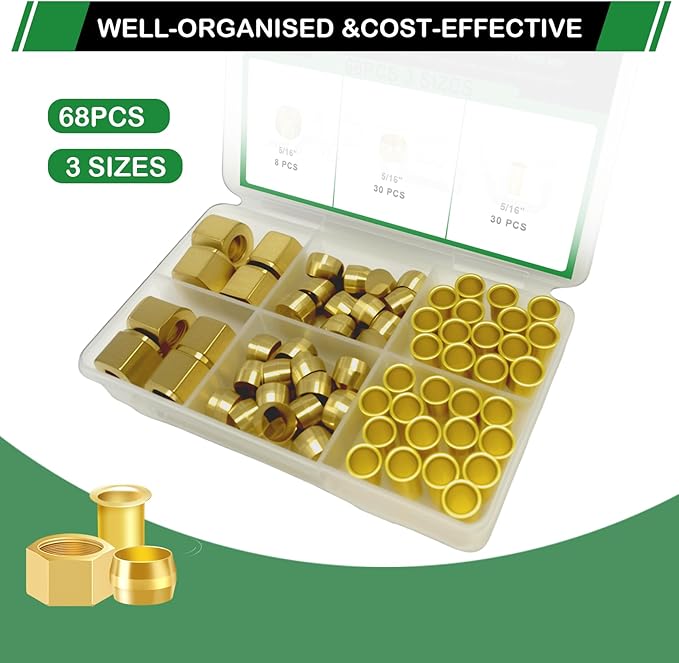 68pcs 5/16" Brass Compression Sleeves Ferrules Inserts Nuts Fittings Assortment Kit, Air Hose Ferrules Kit of Air Water Fuel Oil Gas Tube Lines