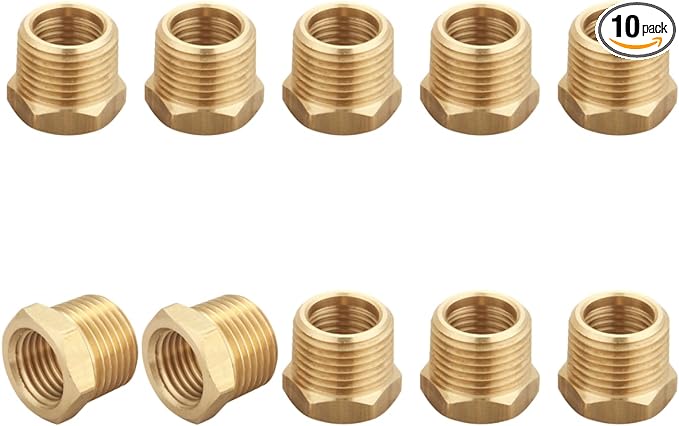 3/8 Inch Male x 1/4 Inch Female Reducing Adapter, NPT Brass Hex Bushing, Hex Head Pipe Fitting, Thread 0.625" OD × 0.5" ID, (Pack of 10)