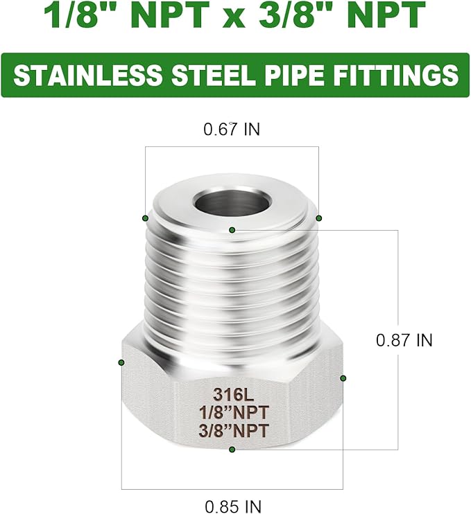 TAISHER 5PCS Forging of 316L Stainless Steel Reducer Hex Bushing, 3/8" Male NPT to 1/8" Female NPT, Reducing Forging Pipe Adapter Fitting