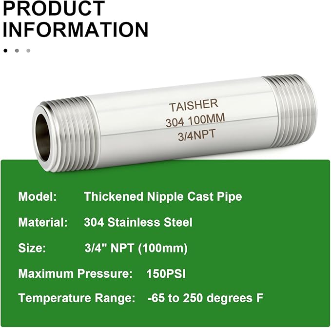 TAISHER 2PCS Stainless Steel Pipe Fittings, 3/4" NPT Male x 3/4" NPT Male Threaded, 4" Length Thickened Nipple Cast Pipe