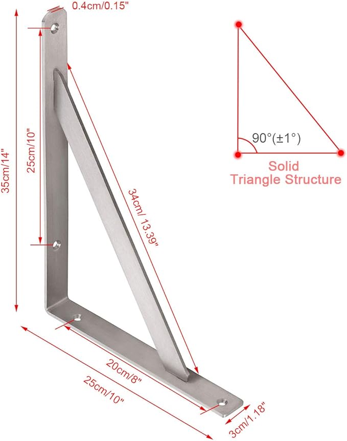 YUMORE 14" Stainless Steel Shelf Bracket, Max Load: 550lb Heavy Duty Solid Shelf Support Corner Brace Joint Right Angle Bracket, Pack of 2
