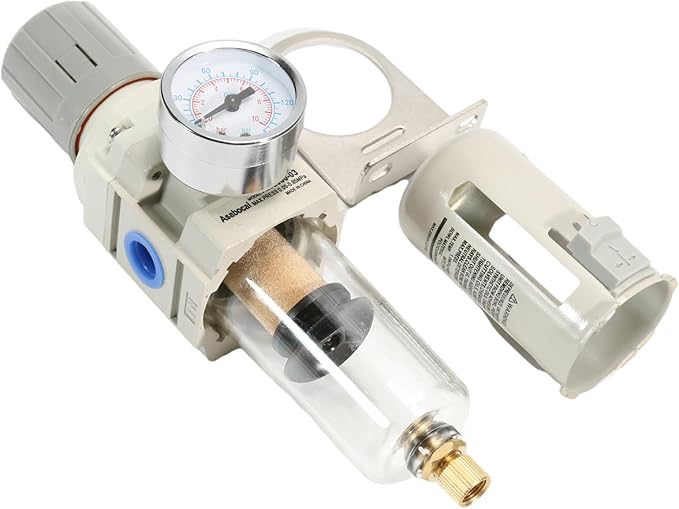3/8" NPT Air Filter Pressure Regulator Combo Piggyback, Air Compressor Filter with Gauge (0-150 PSI),Poly Bowl, Manual Drain, Metal Bracket