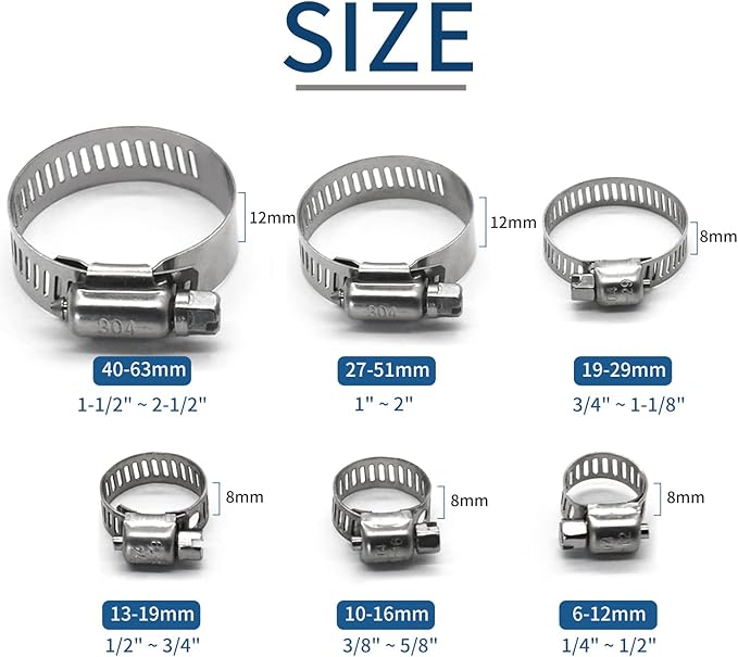 10 Pack Stainless Steel Hose Clamps, 1-1/2 inch to 2-1/2 inch Worm Gear Metal Hose Clamps for Pipe, Dryer Repair, Tubing and Fuel Line