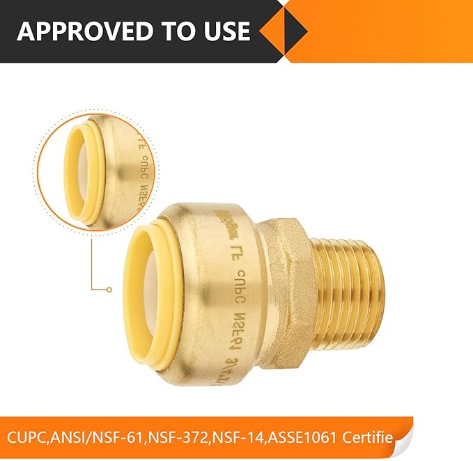 10-Pack HeSun Pushfit Male Adapter, 1/2" MNPT x 3/4" Push to Connect Plumbing Fittings with Disconnect Clip, Brass Push-fit Fittings for PEX, Copper, CPVC, PE-RT Pipes(PF132-10)