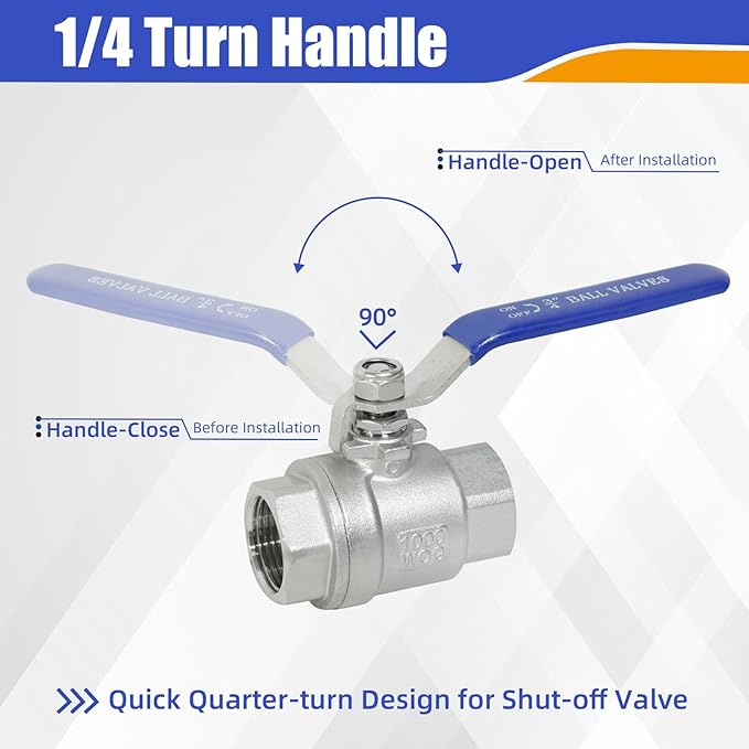 YADIAN 2 Pack 3/4'' Ball Valve 304 Stainless Steel NPT Female Full Port 3/4 inch Ball Valve Heavy Duty Shut Off Valve for Water, Oil, and Gas with Blue Locking Handles, 1000 WOG