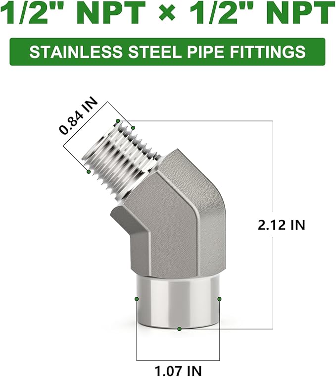 TAISHER 2PCS 304 Stainless Steel 45 Degree Barstock Street Elbow, 1/2" NPT Male x 1/2" NPT Female 304 Stainless Pipe Fitting