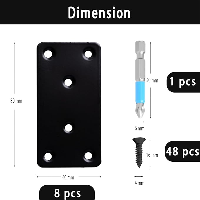 8 Pcs Mending Plate, 3.15 x 1.57 inch Stainless Steel Flat Plates with Holes, Straight Metal Mounting Braces Brackets Kit for Furniture, Wood Joint Connector (Black, 3.15 inch)
