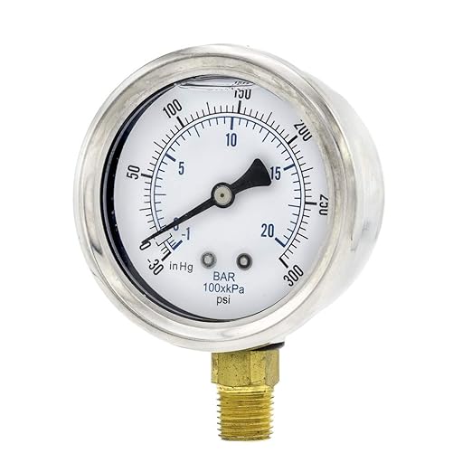 PIC Gauges PRO-201L-254CH 30-0-300 PSI Pressure Gauge, 2 1/2" Dial, 1/4" Male NPT Connection, Bottom Mount, Dual Scale, Glycerin Filled, Stainless Steel Case/Bezel, Brass Internals & Plastic Lens