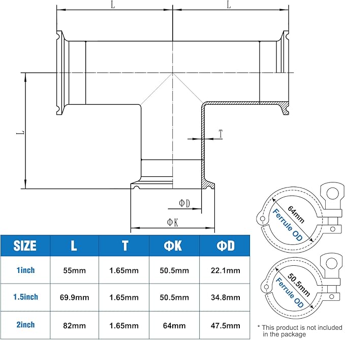 2" Tri Clamp Tee 3 Way Sanitary Fitting Equal Tee Tube 50.5mm Pipe OD Stainless Steel 304 Sanitary Polished