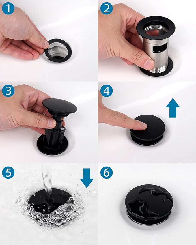 Hibbent 2 Pack Metal Bathroom Sink Drain with Overflow, Push and Seal Pop Up Drain Stopper, Stainless Steel Vessel Lavatory Vanity Sink Drain Stopper, Anti-Clogging Strainer, Matte Black