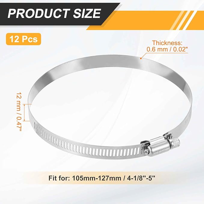 HARFINGTON 12 Pcs Hose Clamp 4-1/8"-5" (105-127mm) 304 Stainless Steel Adjustable Worm Gear Hose Clamp with Phillips Screw Assortment Kit for Fuel Line Pipe Plumbing Automotive Tube