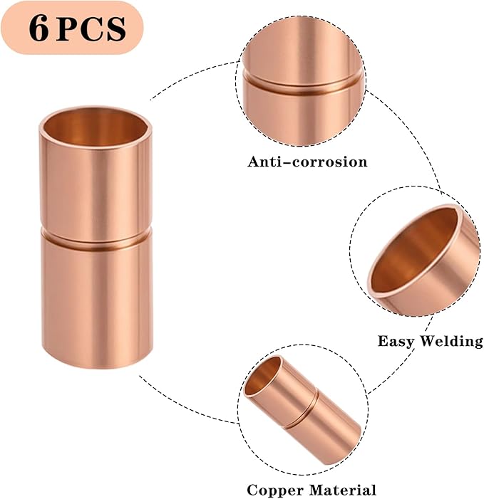 Straight Copper Coupling Fittings, 1/4 Inch Copper Pipe Welding Joint Connector Adapter for HVAC Air Conditioner, Sweat End Pipe Fitting with Rolled Tube Stop, Pack of 6