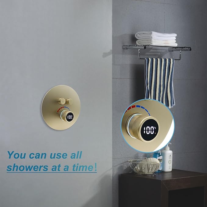 Round Digital Display Shower Valve 2 Way Shower Mixing Valve Concealed Installation Can Use All the Time Brushed Gold