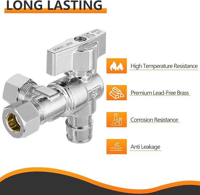 2-PCs HeSun PEX Expansion Inlet Angle Stop Valve, Quarter-Turn 1/2" PEX-A x 3/8" OD x 3/8" OD Compression, Dual Compression Outlet Shut Off Valve, Chrome Plated Brass, ASTM F1960(VALVE203)