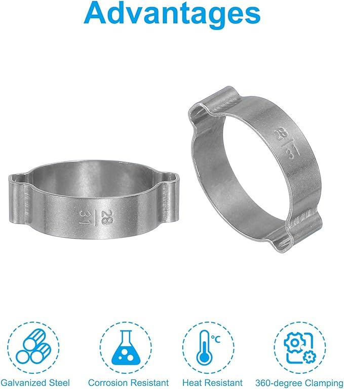PATIKIL 25 Pack 28-31mm Double Ear Hose Clamp, 304 Stainless Steel O Clip Crimp Rings for Fuel Petrol Pipe Tube Fitting Connections, Silver Tone