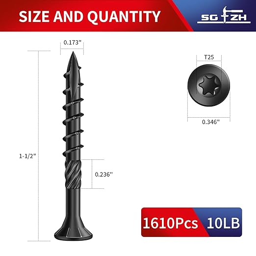 #8 x 1-1/2" Deck Screws (1610Pcs) 10lb. Carbon Steel, Black, Flat Head, Rust Resistant epoxy Coated, with T25 Star Bit