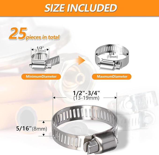 25 Pack Worm Gear Hose Clamp, Adjustable Range from 1/2 Inch to 3/4 Inch (13-19mm) Stainless Steel Fuel Line Hose Clamps, Metal Fuel Line Hose Clamps for Automotive Plumbing And Mechanical Application