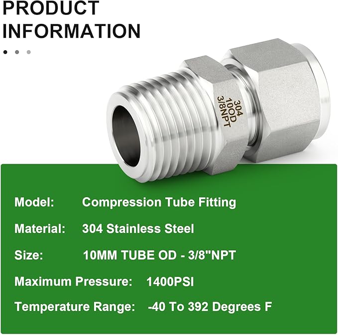 TAISHER 2PCS 304 Stainless Steel Compression Tube Pipe Fitting Connector, 10MM Tube OD x 3/8" NPT Male Straight Adapter