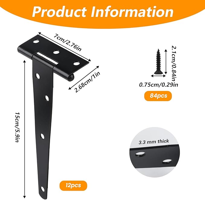 12 Pack 6 Inch T Strap Hinges, Shed Door Gate Hinges, Heavy Duty Black Outdoor Tee Hinge for Wooden Fences, Barn Door Gates Hinge for Shed Door Hardware