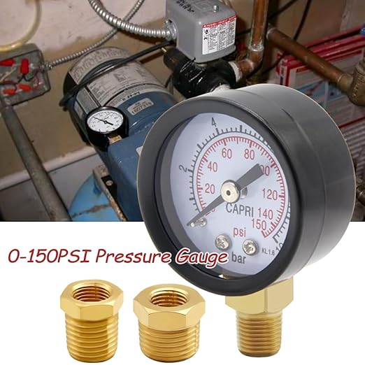 Pressure Gauge 0-150PSI 1/8" NPT Male Brass Bottom Mount 1-1/2" Dial Stainless Steel Case Include 1/2" NPT and 3/8" NPT Bushing Connector Universal Multifunctional
