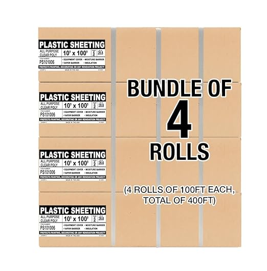 Aluf Plastic Sheeting - 4 Rolls of 10' x 100', 6 MIL Heavy Duty Gauge - Clear Vapor and Moisture Barrier Sheet Tarp/Drop Cloth for Painting, Furniture Covers, Carpet Cover, Floor, Paint, Painters
