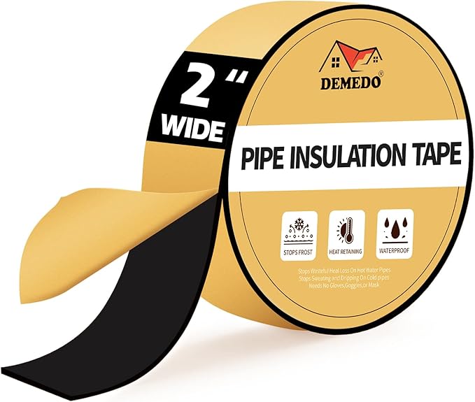 DEMEDO Pipe Insulation Tape, Pipe Wrap Insulation Foam Tape Self Adhesive, Outdoor Water Pipe Insulation Roll for HVAC, AC Line Insulation, 2 inch x 16.5 FT Heat Tape for Water Pipe, Black