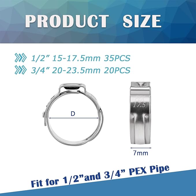 55PCS 1/2" 3/4" PEX Crimp Rings Clamps Kit 304 Stainless Steel PEX Fittings 35PCS 1/2inch + 20PCS 3/4inch HE062-KIT