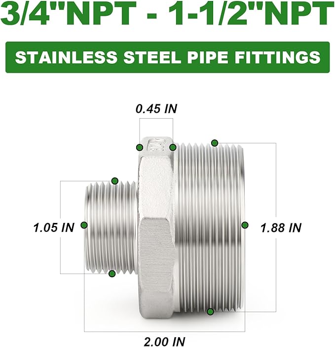 TAISHER 2PCS Cast 304 Stainless Steel Hex Nipple, Reducer Pipe Fitting 1-1/2" NPT Male x 3/4" NPT Male