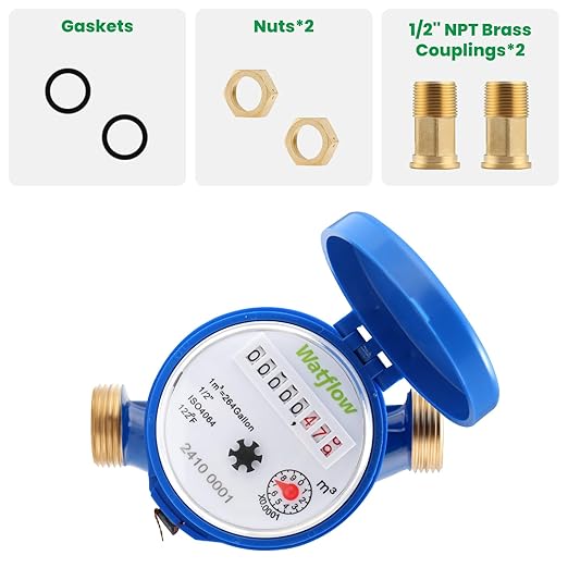 Watflow DN15 Water Meter 1/2" NPT, ISO4064 Certification Cubic Water Flow Meter, Cold Water Meter for Garden/Home/Apartment, Horizontal Install.
