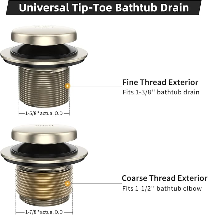 All Metal Tip-Toe Bathtub Drain Kit with Two-Hole Overflow Faceplate and Universal Fine/Coarse Thread Assembly, Bath Tub Drain Kit fits All Bathtub -Brushed Nickel