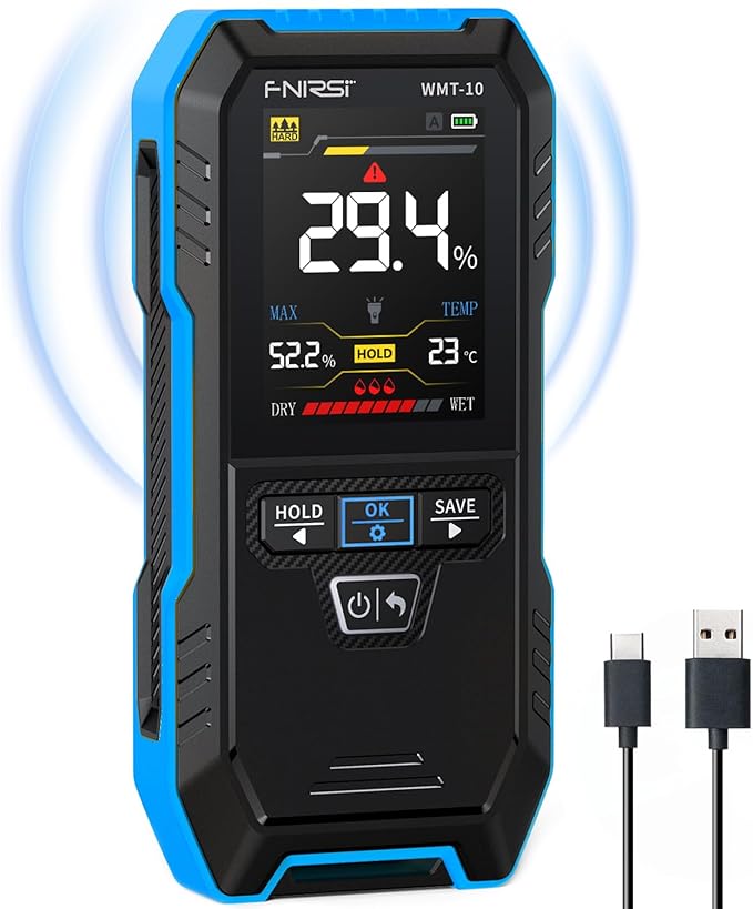 FNIRSI WMT-10 Pinless Wood Moisture Meter, Rechargable Moisture Meter for Wood, Wall, Firewood, Support Data Hold and Record, Flashlight, Humidity Detector for Lumber Concrete Building