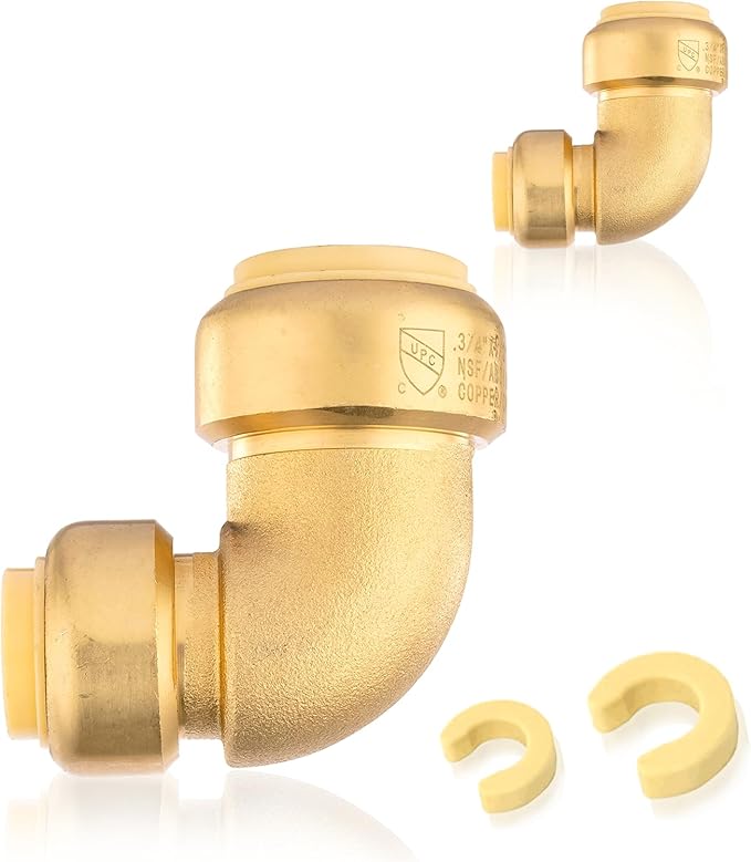 40-Pack HeSun Pushfit 90 Degree Elbow, 3/4"x1/2" Push to Connect Plumbing Fittings with Disconnect Clips, Brass Push-fit Fittings for PEX, Copper, CPVC, PE-RT Pipes(PF052-40)