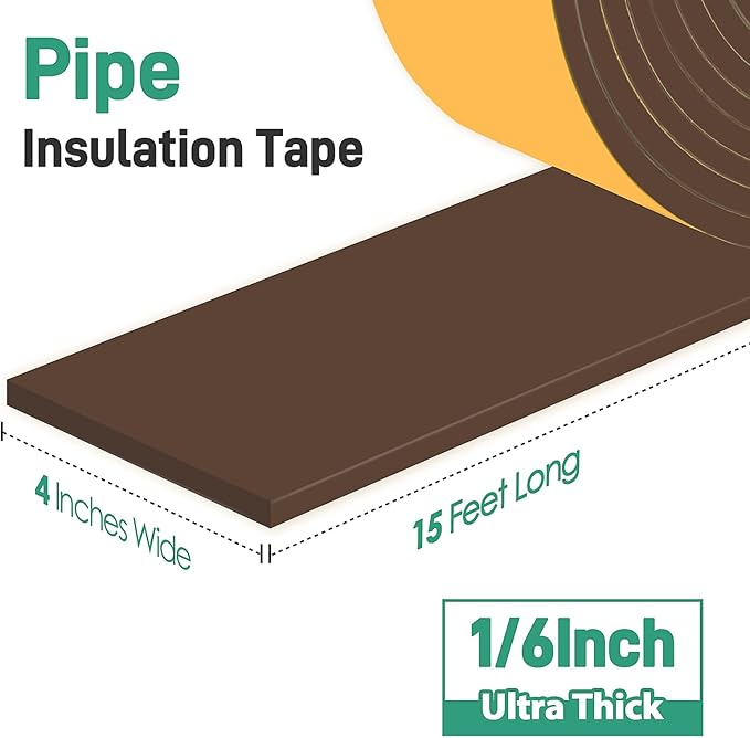 Pipe Insulation Tape, Foam Insulation Tape for Outdoor Pipes Winter Freeze Protection, Foam Pipe Insulation Wrap, Heat Tape for Water Pipes, Copper Pipes, PVC, AC Line, 4in x 15ft, Brown