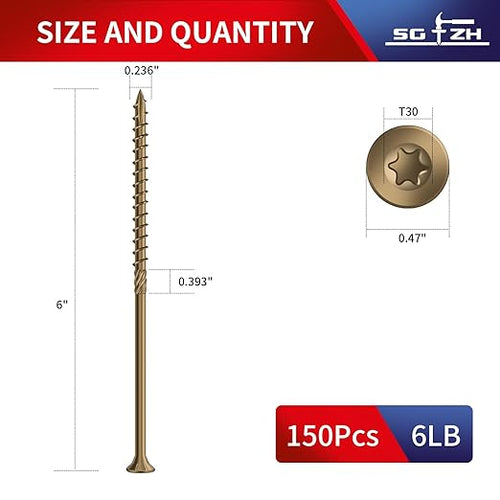 #14 x 6 Inch Deck Screws (150Pcs) 6lb. Carbon Steel, Yellow, Flat Head, Rust Resistant epoxy Coated, with T30 Star Bit