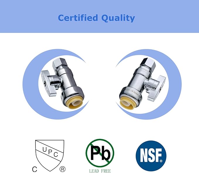 (10-Pack) Cyrret Push Fit Valve 1/2 inch Push × 3/8 Inch Compression No Lead Brass Straight Angle Stop Shut off Valve 1/4 Quarter Turn, Push-to-Connect PEX, Copper, CPVC (Disconnect Clip Included)