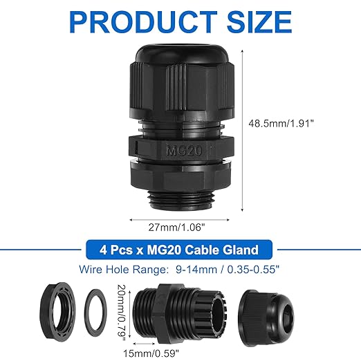 MECCANIXITY 4 Pcs M20 Cable Gland, 9-14mm Wire Hole Waterproof Nylon Joint for Cable Fixing, Wiring, Repairing, Gland Replacement, Electrical Appliances, Black