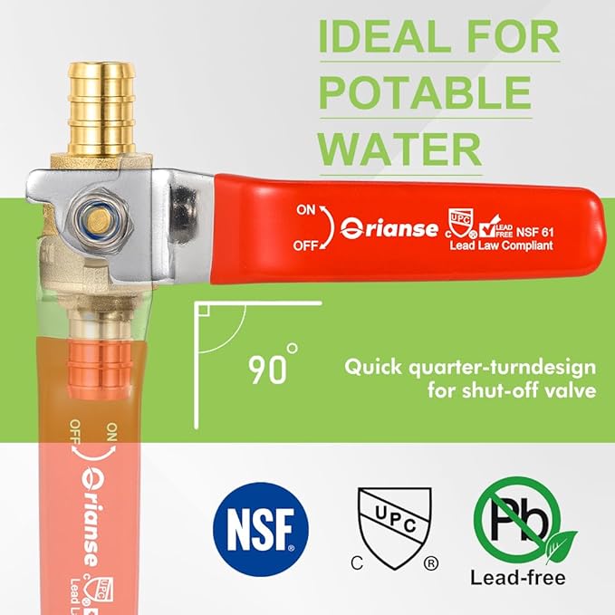 10 Pack ORIANSE 1/2 Inch Heavy Duty Pex Ball Valve Brass Barb Crimp 1/4- Turn Full Port Shut Off For PEX-b Connection Hot and Cold Water,Cetified by NSF/ANSI 61, ASTM F1807