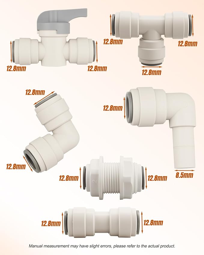1/2" Tube OD Tube Fittings Kit Fit for RO Water Filter System, Quick Connect Push (Valve + Tee + Elbow + Straight + Bulkhead + Elbow stem), 12 Pack