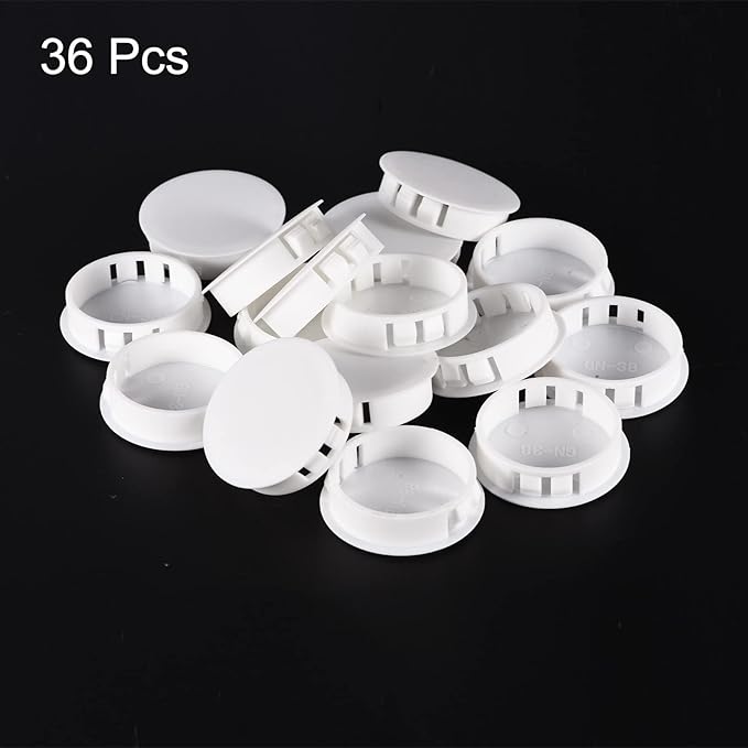 uxcell 1-1/2" Plastic Hole Plugs, 36Pcs Flush Type Panel Round Snap in Fastener Knockout Locking Plugs for Furniture Insert End Caps Panels, White