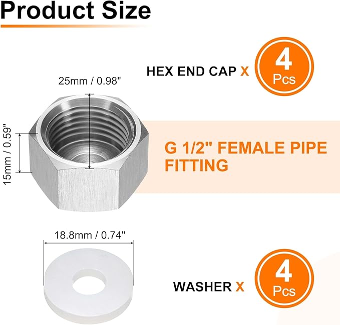 uxcell 2pcs Hex End Cap 304 Stainless Steel Nut with Washer, G1/2" Female Thread Pipe Fitting, Gas Line Water Line Stop Valve Cap Tubing Ends for Plumbing Fittings, Silver Tone