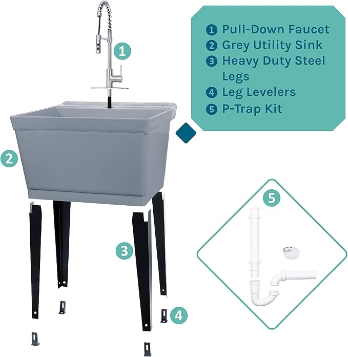 Utility Sink Extra-Deep Laundry Tub in Grey with High-Arc Stainless Steel Coil Pull-Down Sprayer Faucet, Integrated Supply Lines, P-Trap Kit, Heavy Duty Floor Mounted Freestanding Wash Station