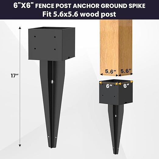 2 Pcs 6"x6" Fence Post Anchor Ground Spike 17"(Actual 5.6"x5.6") Heavy Duty Metal Fence Post Anchor with Black Powder-Coated for Deck,Fence,Porch,Railing,Mailbox