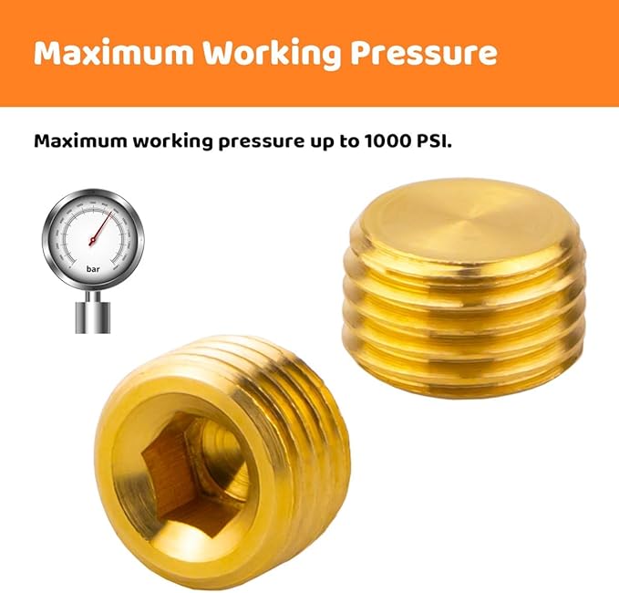 (6-Piece) Besosay 1/4" NPT Brass Pipe Plug Fitting, Counter Sunk Thread Internal Hex Head Style Male for Closing the End of Pipe